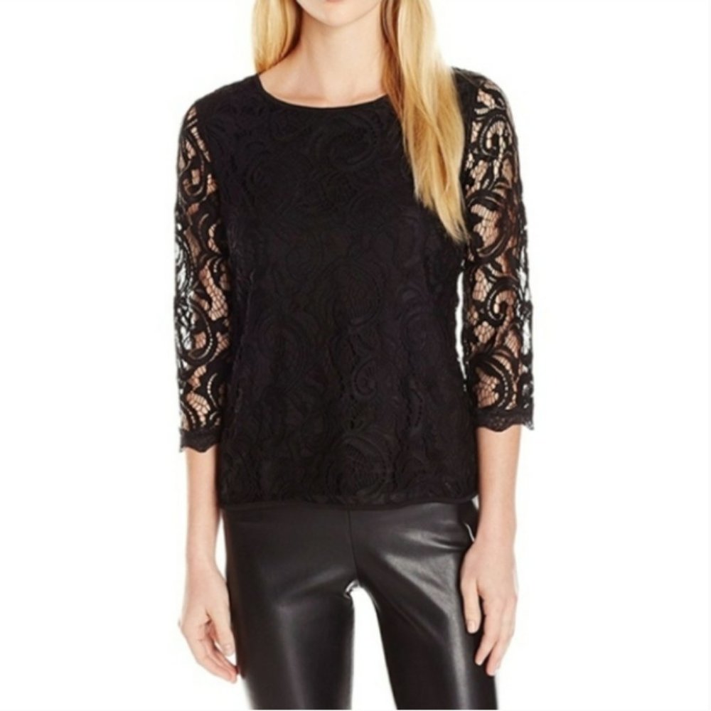 Adrianna Papell by Anthropologie 3/4 Sleeve Lace Lined Top Back Zip